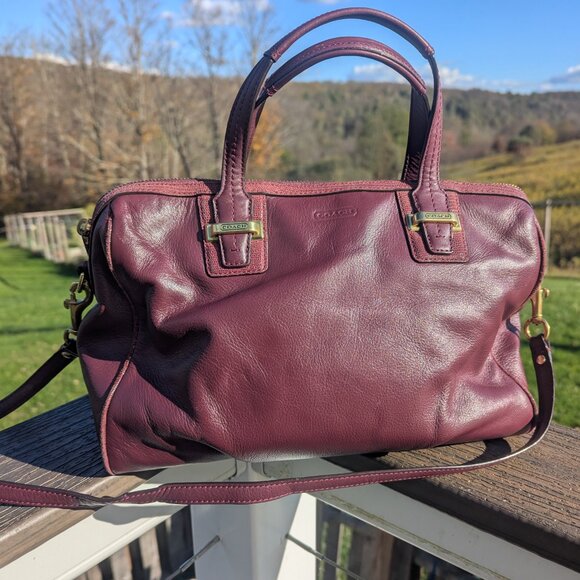 Vintage Coach Bordeaux Leather Satchel Handbag Tote Purse Gold and Maroon - Picture 6 of 11